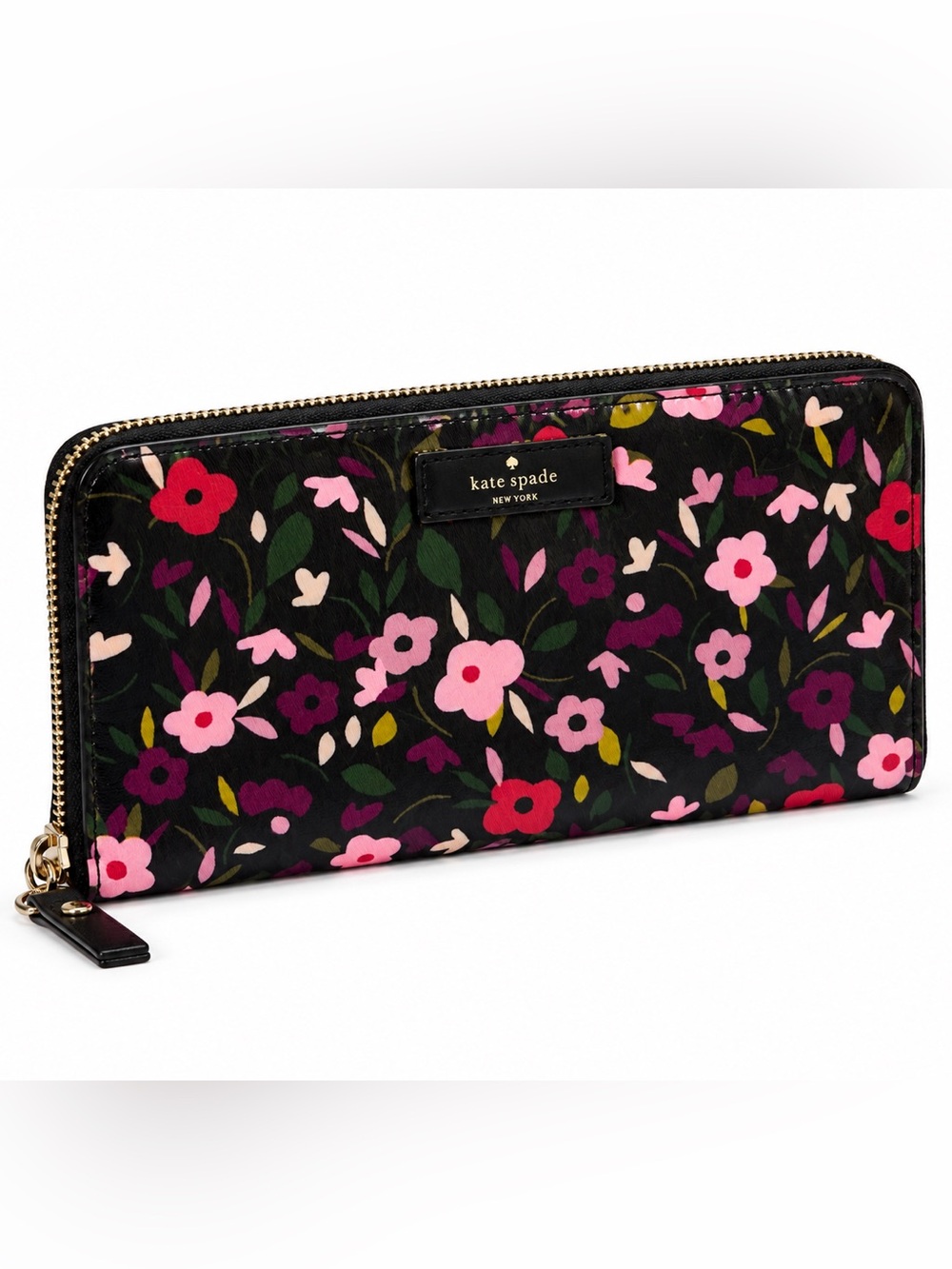 kate spade Floral Zip-Around Wallet in Black with Pink & Red Flowers